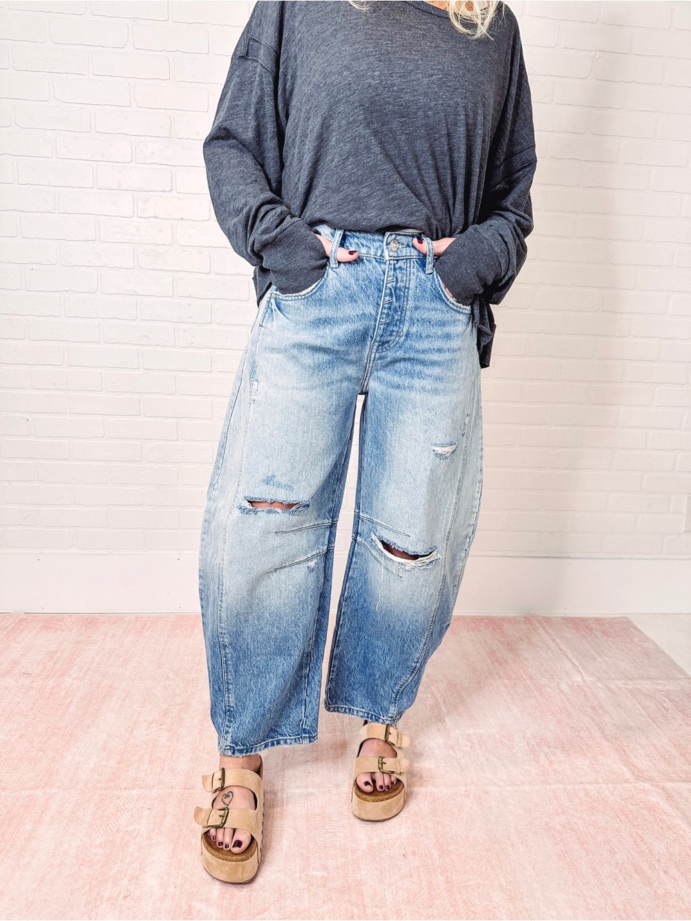 We The Free Light Blue Distressed Good Luck Mid-Rise Barrel Jeans
